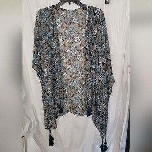 Flowy Blue and Gray Kimono Tunic with Fringe